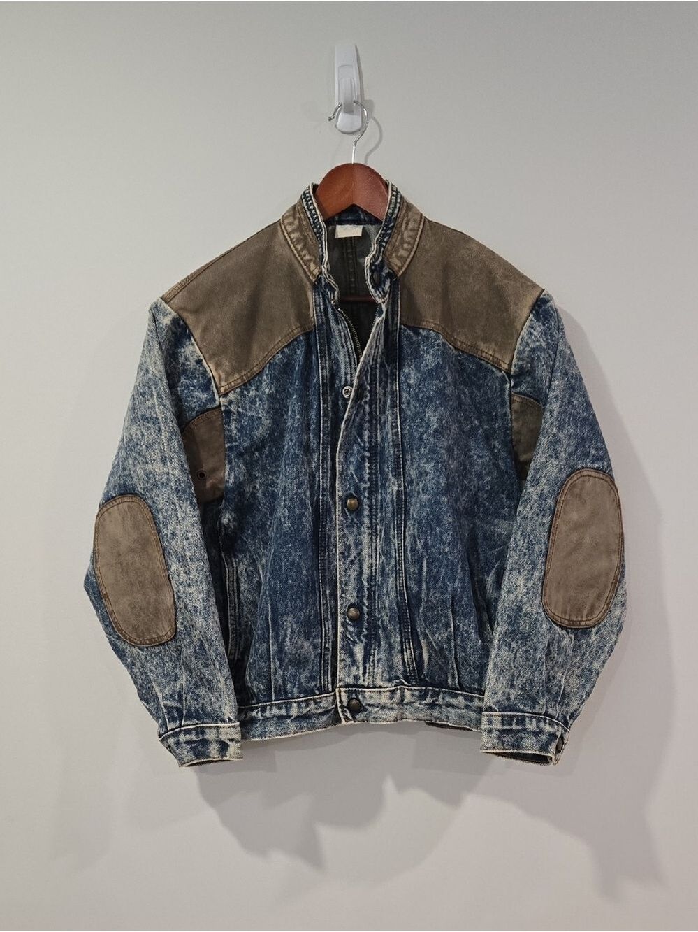 Retro 80's Acid Wash Denim Jacket with Brown Leather Accents